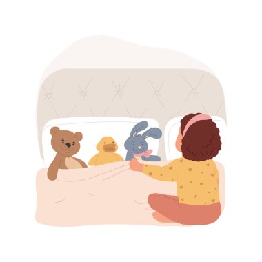 Putting to bed stuffed toys isolated cartoon vector illustration. Little girl puts her toys to bed, happy childhood, childs ritual before sleep, family lifestyle, kids habit vector cartoon.
