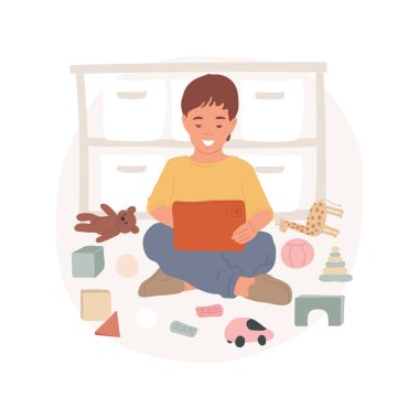 Screen addiction isolated cartoon vector illustration. Child playing on tablet, watching on the screen, many toys scattered around, unhealthy lifestyle, kids bad habits vector cartoon.
