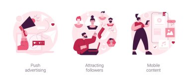 İnternet tanıtımı soyut konsept vektör çizimi seti. Reklamcılığı, takipçileri cezbetmeyi, mobil içeriği, sosyal medya sayfasını takip etmeyi, dijital pazarlama stratejisini, soyut metaforu teşvik etmeyi.