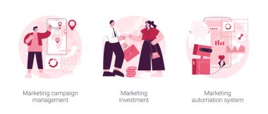 Pazarlama kampanyası yönetimi soyut konsept vektör illüstrasyonu seti. Yatırım ve sistem otomasyonu, izleme ve analiz, sosyal medya ölçümleri, online platform gösterge tablosu soyut metaforu.