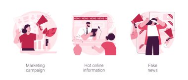 Sosyal ağ içeriği soyut konsept vektör çizimi seti. Pazarlama kampanyası, sıcak online bilgiler, sahte haberler, sosyal medyadaki hedef kitle, internette soyut metaforlar yaymak..