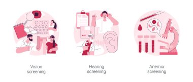 Pediatrik muayene soyut konsept vektör çizimi seti. Görme ve işitme taraması, anemi muayenesi, görme testi, kulak sorunu, demir eksikliği laboratuvar testi, maluliyet tanısı soyut metafor.