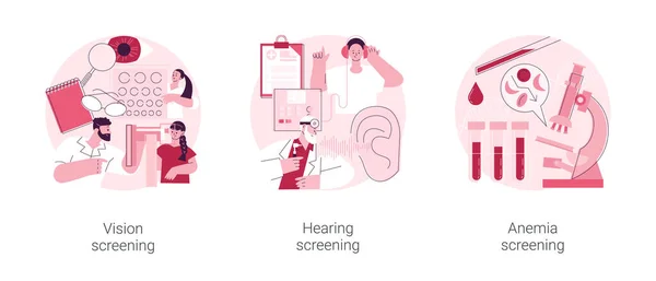Pediatrik muayene soyut konsept vektör çizimi seti. Görme ve işitme taraması, anemi muayenesi, görme testi, kulak sorunu, demir eksikliği laboratuvar testi, maluliyet tanısı soyut metafor.