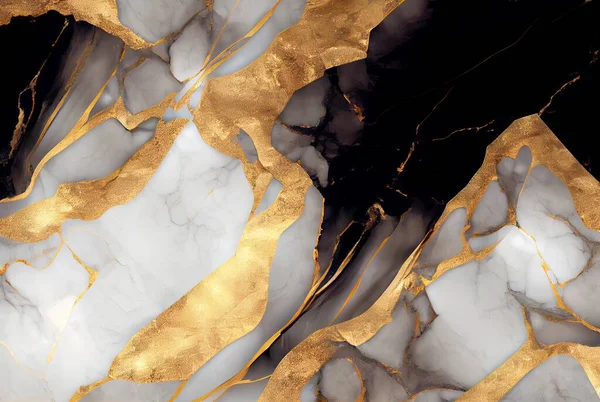White marble with gold and black obsidian surface abstract background. Decorative acrylic paint pouring rock marble texture. Horizontal natural black and gold abstract pattern.