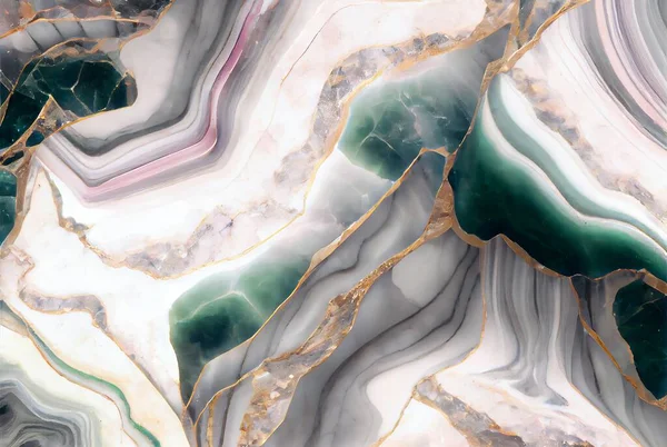 White marble with with gold and pink tourmaline surface abstract background. Decorative acrylic paint pouring rock marble texture. Horizontal natural pink gold and green abstract pattern.