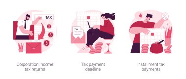 Şirket muhasebesi soyut konsept vektör çizimi seti. Kurumsal gelir vergisi iade tarihi, ödeme tarihi, taksit vergi ödemeleri, varil ödemeleri, tahmini soyut metafor.