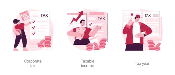 stock vector Taxable earnings calculation abstract concept vector illustration set. Corporate tax, taxable income, fiscal year, annual return, document preparation, divided deduction, accountant abstract metaphor.