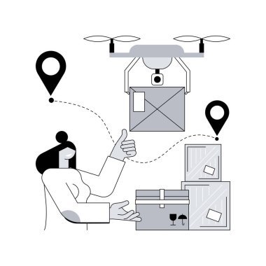 Özerk dağıtım soyut konsept vektör çizimi. İnsansız hava aracı teslimatı, insan teması yok, otomatik kurye servisi, otonom robot, otomatik sürücü aracı, kurye soyut metaforu olmadan.