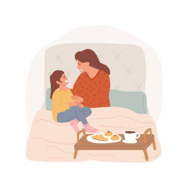 İzole edilmiş karikatür çizimlerinde kahvaltı servisi. Anneler Günü 'nde yatakta kahvaltı, küçük tatlı bir kızla çekici genç bir kadın evde vektör karikatüründe birlikte vakit geçiriyorlar..