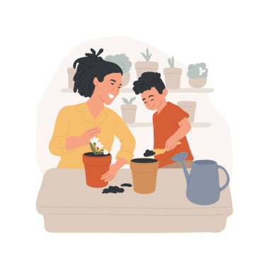 Çiçek ekme, karikatür vektör çizimi. Gülümseyen anne ve çocuk yeni saksıya çiçek dikiyorlar, insanlar Dünya Günü kutlaması için hazırlanıyor, aile aktivite vektörü çizgi filmi.