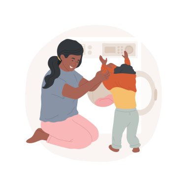 Temiz kıyafetler karikatür vektör çizimi. Genç kadın çocuk kıyafetlerini değiştiriyor, çamaşır günü, aile hayatı, hijyen kuralları, giyinen insanlar, barışçıl annelik vektör karikatürü..