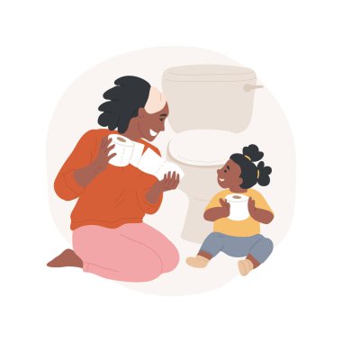 İzole edilmiş tuvalet kağıdı vektör çizimi kullan. Elinde rulo tutan bir kadın, çocuklara tuvalet kağıdı kullanmayı öğretiyor, kişisel hijyen kuralları, hijyenik doku, yürümeye başlayan günlük vektör karikatürü..