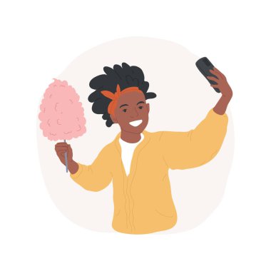 Pamuk helva izole edilmiş karikatür vektör çizimi. Pamuk şekerle selfie çeken bir kız, ergen yemek tercihi, gençlerin lunapark vektör karikatüründe takılması..