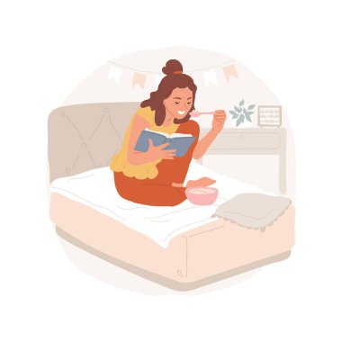 İzole edilmiş karikatür vektör illüstrasyonunda yemek. Yatakta yemek yiyen ve kitap okuyan çekici kız, evde boş zaman, gençlerin yeme alışkanlıkları, ergenlerin yemek tercihi vektör karikatürü..