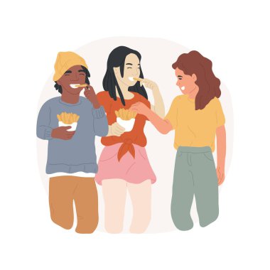İzole edilmiş karikatür vektör illüstrasyonunda atıştırmalıklar. Gençler sokakta yürüyor ve atıştırmalık yiyor, patates kızartması yiyor, gençlerin yeme alışkanlıkları, ergenlerin yemek tercihi çizgi film.