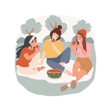 Meyve yalıtılmış karikatür vektör çizimi yemek. Birlikte karpuz yiyen bir grup genç, sağlıklı yaşam tarzını seçen kızlar, meyve yiyen erkekler ve yaz vektör çizgi filminde eğlenen erkekler..