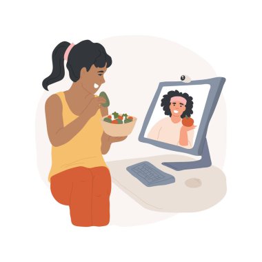 Çevrimiçi diyet programı karikatür vektör illüstrasyonunu izole etti. Gülümseyen genç kız diyet programını izliyor, yiyor ve ekranda fitness hocası var, sağlıklı yaşam tarzı vektör çizgi filmi..
