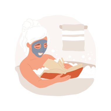 İzole edilmiş karikatür çizimi yapıyorum. Genç kız banyo yapıyor ve kitap okuyor, evde hijyen prosedürü uyguluyor, yüz maskesi takıyor, kızların kişisel bakım çizgi filmi.