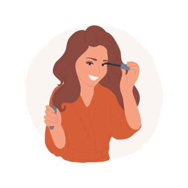 Smoky eyes karikatür vektör çizimini izole etti. Rimel süren ve dumanlı gözler yapan bir kız, evde gençlerin göz makyajı yapan, makyaj yapan, makyaj yapan ve ayna vektör karikatürüne bakan bir kız..