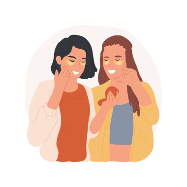 Yamalar izole edilmiş çizgi film vektör çizimleri uygulanıyor. Genç kızların arkadaşlarıyla buluşması, odada birlikte boş zaman geçirmeleri yamalar kullanan genç kızlar, güzellik bakımı çizgi filmi..