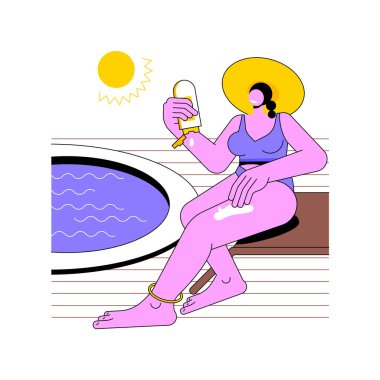 İzole edilmiş güneş kremi vektör çizimleri uygula. Havuz kenarında oturan ve güneş kremi süren genç kız, insanların yaşam tarzı, tatil günleri, ultraviyole koruma, mutlu tatiller vektör karikatürü.