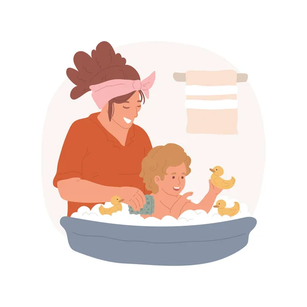 给一个蹒跚学步的孩子洗澡 孤立的卡通矢量插图 笑着给小孩洗澡的妈妈 玩鸭子玩具的孩子 家庭生活方式 婴儿卫生习惯 快乐的童年矢量卡通片 — 图库矢量图片