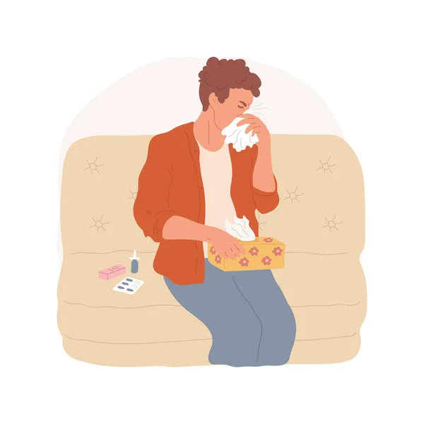Sneezing in a cuff isolated cartoon vector illustration. Sick man sneezing into a handkerchief, holding tissue in hands, having infection, stuffy nose, personal hygiene rules vector cartoon.