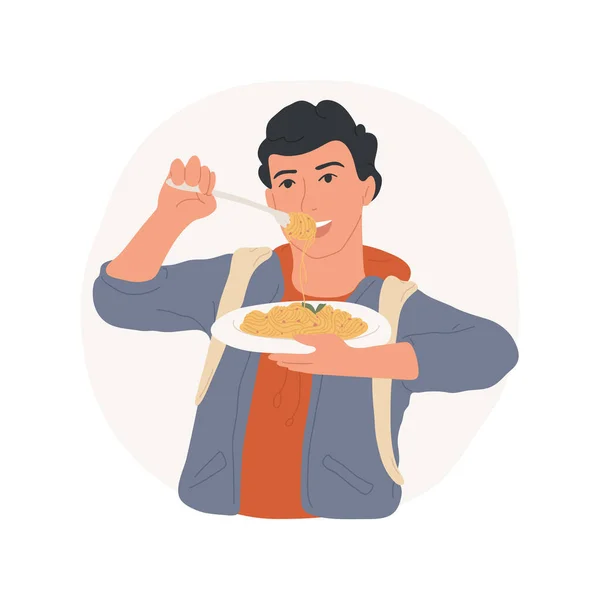 Hungry School Isolated Cartoon Vector Illustration Hungry Boy Eating Spaghetti — Stock Vector