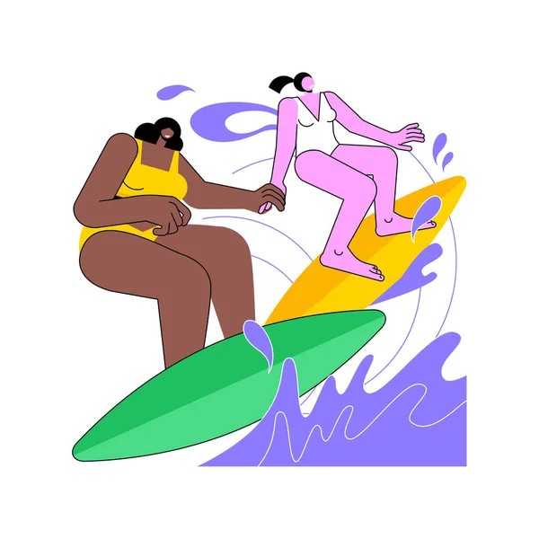 Warm water surfing isolated cartoon vector illustrations. Beautiful girls in swimsuits surfing together, extreme sport on a vacation, travelling with friends, summer holidays vector cartoon.