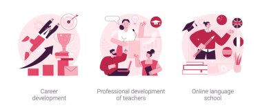 Başarılı kariyer yolu soyut konsept vektör çizimi seti. Kariyer geliştirme, öğretmenlerin profesyonel gelişimi, çevrimiçi dil okulu, iş sorumluluğu, konferans soyut metaforu.