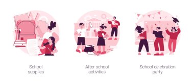 Okul hayatı soyut konsept vektör çizimi seti. Malzemeler, okul sonrası etkinlik, kutlama partisi, sınıf ekipmanları, ders dışı etkinlik, mezuniyet partisi, nişan soyut metaforu.