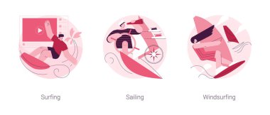 Yaz macera sporu soyut konsept vektör çizim seti. Sörf, yelken ve rüzgar sörfü, yat kulübü, plaj tatili, ekstrem yaşam tarzı, su sporu, yaz tatili soyut metaforu.