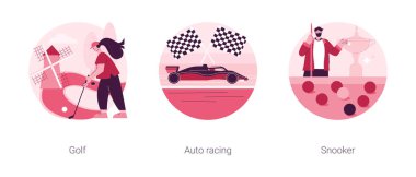 Profesyonel spor soyut konsept vektör çizimi seti. Golf, formül 1 ve bilardo, aşırı sürüş, mini golf şampiyonluğu, golf kulübü, bilardo, sopa, ırk soyut metaforu..