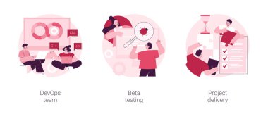 IT ekip çalışması soyut konsept vektör çizimi seti. DevOps ekibi, beta testi, proje planlaması ve dağıtımı, zaman ve bütçe, çevik iş akışı, yardım masası yazılımı, görev gereksinimleri soyut metafor.