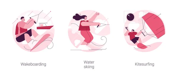 Wassersport Abstraktes Konzept Vektor Illustrationsset Wakeboarden Wasserski Und Kitesurfen Aktiver — Stockvektor