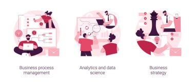 Şirket başarısı soyut konsept vektör çizimi seti. İş süreci yönetimi, analitik ve veri bilimi, iş stratejisi, gösterge paneli yazılımı, karar verme metaforu.