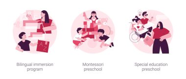 Erken eğitim programı soyut konsept vektör çizimi seti. İki dilli daldırma programı, Montessori anaokulu, özel eğitim anaokulu, çocuk gelişimi, engelli metaforu.