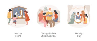 Noel hikayeleri karikatür vektör çizimi seti. İsa 'nın beşik sahnesinin yanında durup çocuklara Noel hikâyesi, doğum performansı çizgi filmi anlatan bir grup çocuk..