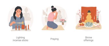 Budist ritüelleri karikatür vektör çizimi seti. Tapınakta tütsü yakmak, dindar bir kadının dua etmesi, meditasyon yapması, ilahiler söylemesi, tapınak karikatürü yapması..