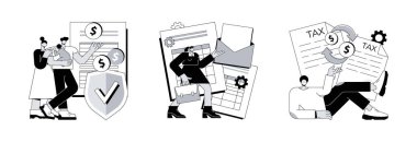 Gelir yılı soyut konsept vektör çizimi seti. Çocuk yardımı, değerlendirme bildirimi, gelir vergisi ve yardım geri dönüşü, bakım masrafları, evrak toplama, sosyal zenginlik soyut metaforu.