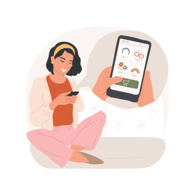 İzole edilmiş karikatür vektör illüstrasyonu satın alınıyor. Akıllı telefonu tutan ve ekranda gökkuşağı nesneleri izleyen gülümseyen genç, alışveriş uygulaması taklidi, online vektör karikatürü satın alma.