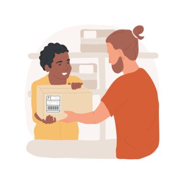 Paketi postaneye getir, karikatür vektör çizimi. Ergenlik çağındaki çocuk posta ofisine teslimat malzemelerini, online alışveriş sorununu, etiket vektör karikatürünü geri getiriyor..