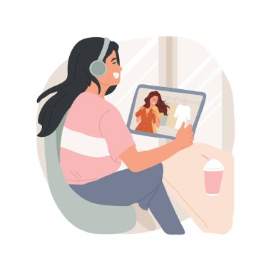 İzlenen stil vlog izole edilmiş çizgi film vektör illüstrasyonu. Gençler ekranda moda videosu izliyor, gençler giyim ve aksesuarlarla ilgili video bloğu, kızların yaşam tarzı vektör karikatürü..