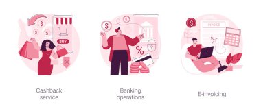 Finansal yazılım soyut konsept vektör çizimi seti. Nakit servis, bankacılık işlemleri, e-fatura servisi, online alışveriş, işlemi kontrol et, nakit iadesi soyut metafor.