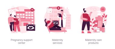 Annelik kavramsal vektör çizimi seti. Hamilelik destek merkezi, annelik hizmetleri ve bakım ürünleri, aile planlaması, perinatal sağlık hizmetleri, doğal kozmetik soyut metaforu.
