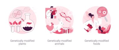 Tarımsal konsept vektör illüstrasyonunda biyoteknoloji. Genetik olarak değiştirilmiş bitki ve hayvanlar, GM gıda endüstrisi, gmo çiftçiliği, transgenik ekinler, beslenme güvenliği soyut metaforu.