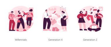 Nesilsel değişim soyut konsept vektör çizimi seti. Millennials, Generation X ve Z, dijital yerli, orta yaş, ebeveynler, hiper bağlantılı dünya, tablet soyut metaforla çocukluk.
