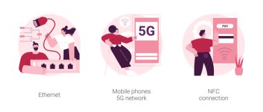Ağ altyapısı soyut konsept vektör çizimi seti. Ethernet teknolojisi, cep telefonları 5G ağı, NFC bağlantısı, bağlantısız kart ödemesi, hızlı internet kapsamı soyut metafor.