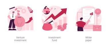 Başlangıç finansmanı soyut konsept vektör illüstrasyon seti. Girişim yatırımı, yatırım fonu, beyaz kağıt, melek yatırımcı, iş büyüme stratejisi, yeni ürün tanıtımı, ICO soyut metafor.