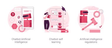 Makine soyut konsept vektör çizimi seti. Chatbot yapay zekası, sanal asistan öğrenimi, yapay zeka hukuku düzenlemeleri, dil işleme metaforu.